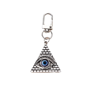 Triangle Evil Eye keychain with silver alloy texture and blue eye center on white background