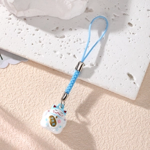 Cute sky blue Maneki Neko lucky cat bell pendant with cherry blossom patterns