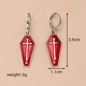 Gothic coffin cross earrings with red drip oil finish and silver metal hoops