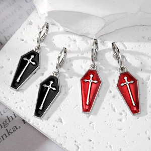Gothic Coffin Cross Dangle Earrings For Women Halloween Enamel Alloy Rhinestone Leverback Hoop Dark Style Jewelry
