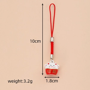 Detailed size specifications for the Maneki Neko lucky cat bell charm with red lanyard