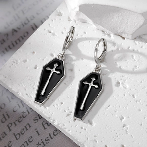 Gothic black enamel coffin drop earrings with silver cross detail on stone base
