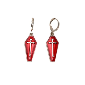 Gothic hoop earrings with red enamel coffin charms and silver cross detail for Halloween