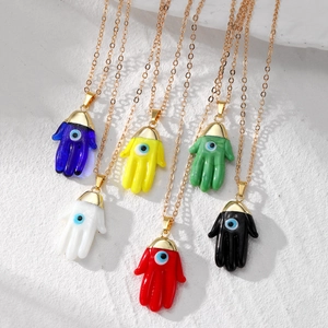 Vintage Ethnic Hamsa Hand Evil Eye Pendant Necklace Lampwork Glass Colorful Fatima Hand Adjustable Chain Jewelry For Women