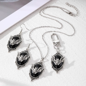 Parure bijoux chauve-souris gothique avec collier ovale noir boucles et porte-clés