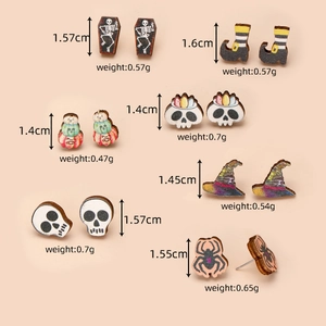 Detailed view of Halloween wooden stud earrings set showing dimensions and various spooky designs