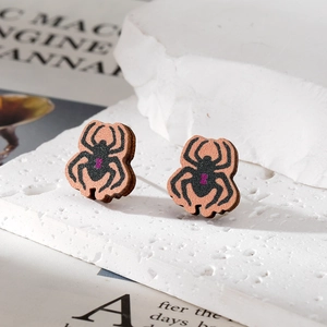 Halloween orange wooden spider earrings with black hourglass pattern for spooky festivities