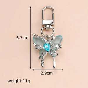 Blue crystal butterfly keychain dimensions showing 6.7cm height and 2.9cm width measurements
