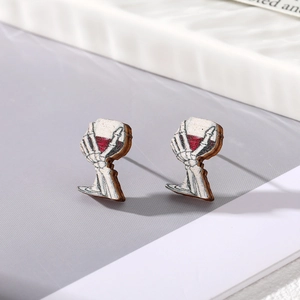 Halloween wood stud earrings featuring skeleton hands holding red wine glasses