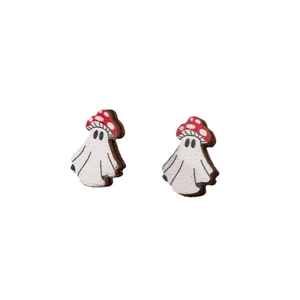 Cute Halloween wooden ghost earrings with red mushroom hat design on white background