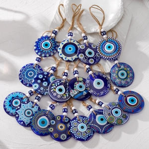 Large Blue Evil Eye Hanging Ornament With Resin Glass Mandala Print Ethnic Style Car Home Wall Decor Protection Amulet Gift