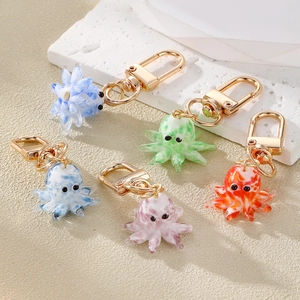 Mini Cartoon Lampwork Octopus Keychain Cute Marine Life Glass Pendant Colorful Handmade Ornament With Gold Metal Clasp