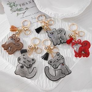Porte-Clés Animal en Strass Mignon Pendentif Renard Chat Chien Mode Similicuir Gland Cloche Charme de Sac Bijoux Cadeau Femme