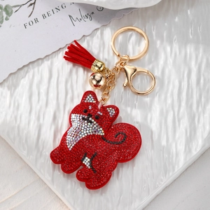 Porte-clés renard rouge en strass étincelants avec pompon en cuir et clochette