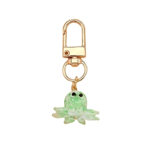Cute mini glass octopus keychain with light green gradient glaze and gold metal clasp