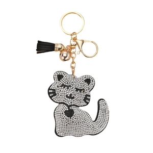 Porte-clés chat en cristal étincelant avec pompon en cuir noir et petite clochette dorée