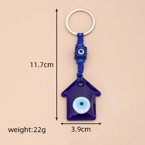 Blue glass Nazar evil eye house keychain with 11.7cm length and silver metal ring detail