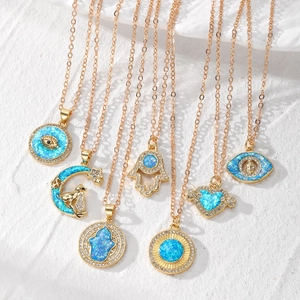 Boho Edelstahl Vergoldet Kupfer Halskette Damen Künstlicher Opal Strass Böser Blick Mond Herz Anhänger Schmuck