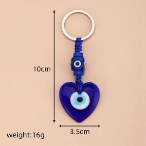 Detailed size view of the heart-shaped evil eye glass keychain with 10cm height dimension