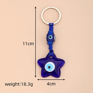 Blue glass evil eye star keychain with woven rope, 11cm length, weighing 18.3g