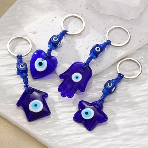 Ethnic Evil Eye Glass Keychain Heart Star House Hamsa Hand Pendant Dark Blue Nazar Braided Cord Keyring For Women Men Gift