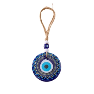 Turkish Blue Evil Eye Nazar Ornament with Mandala Pattern and Hemp Hanging Rope