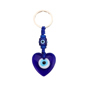 Blue glass evil eye heart and bead keychain with silver ring on white background