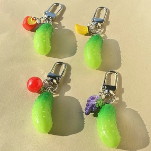 Funny realistic cucumber resin keychains with miniature banana and grape fruit charms
