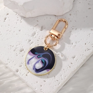 Bohemian marble patterned enamel keychain with colorful geometric alloy charm and gold clasp