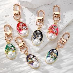 Vintage Luxurious Oval Alloy Enamel Keychain Featuring Faux Artificial Pearl And Rhinestone Accents Elegant Bag Pendant For Women