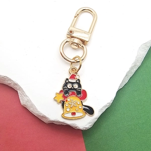 Detail von Weihnachten schwarze Katze Emaille Schlüsselanhänger mit roter Mütze und Glocke