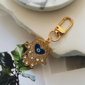 Vintage Hamsa Hand Keychain with Gold Alloy, Blue Heart Evil Eye, and Crystal Detail