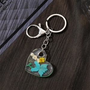 Handmade clear heart keychain with real dried flowers and silver lobster clasp