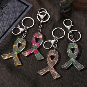 Porte-Clés Ruban en Résine Transparente Fait à Main Avec Véritables Fleurs Séchées et Fermoir Mousqueton Argent Pendentif Sac Femme