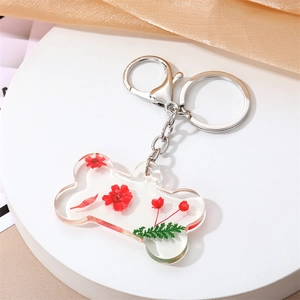 Porte-clés os de chien en acrylique avec de vraies fleurs séchées rouges et anneau argent