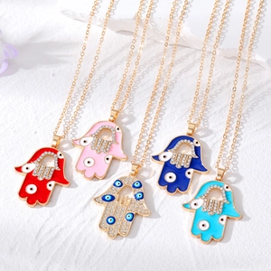 Hamsa Hand Evil Eye Pendant Necklace For Men Women Bohemian Alloy Oil Drip Rhinestone Clavicle Chain Hollow Neck Jewelry