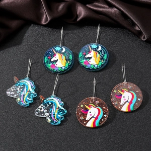 Acrylic Unicorn Drop Earrings Dreamy Cartoon Animal Pattern Round Colorful Glitter Handmade Fashion Jewelry For Women Kids