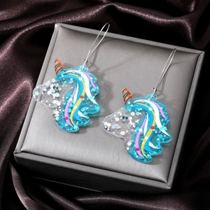 Sparkling blue acrylic unicorn earrings with colorful glitter and silver metal hooks