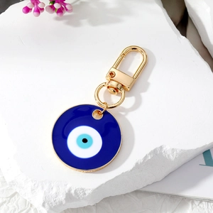 Blue Evil Eye keychain with round enamel pendant and gold-plated alloy lobster clasp