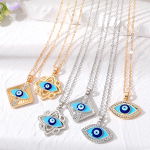 Retro Evil Eye Pendant Necklace Alloy Rhinestone Blue Enamel Hollow Square Flower Eye Shaped Ethnic Jewelry For Women