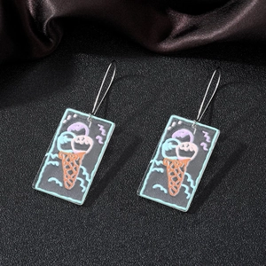 Close-up of cute ice cream print on transparent acrylic rectangular drop earrings