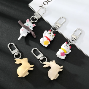 Cute 3D Cartoon Resin Lucky Cat And Rabbit Keychain For Women Bags Decoration Gift Animal Pendant Metal Keyring