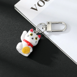 Cute white cartoon lucky cat keychain with golden coin and silver lobster clasp