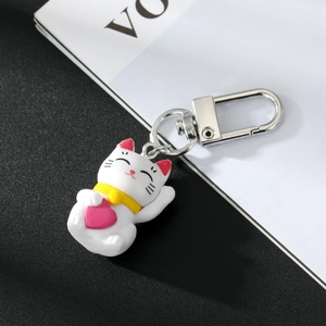 Lucky cat keychain with pink heart, white 3D animal charm and silver lobster clasp accessory