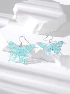 Hollow-out light blue butterfly drop earrings with rose floral patterns on stone base