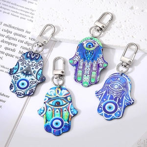 Vintage Hamsa Hand Evil Eye Keychain Acrylic Mandala Painted Pendant Keyring For Bags Car Accessories Ethnic Jewelry Gift