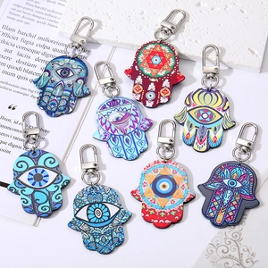 Vintage Ethno-Stil Bohemian Hand der Fatima Schlüsselanhänger Bemalt Acetatplatte Legierung Anhänger Für Damen Tasche Schmuck