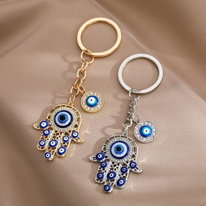 Vintage Hamsa Hand Evil Eye Keychain Alloy Rhinestone Hollow Hand Of Fatima Pendant Bag Charm For Women Ethnic Jewelry Gift