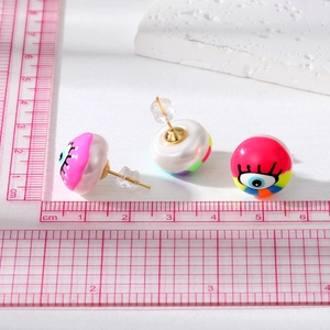 Fashionable evil eye stud earrings with colorful graffiti patterns and faux pearls