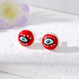 Red evil eye stud earrings with artificial pearls and vibrant pop art painted design